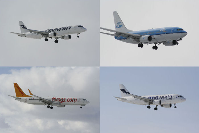 Övre raden: Finnair ERJ190LR OH-LKL och KLM Boeing B737-7K2 PH-BGM. Nedre raden: Pegasus Airlines Boeing B737-82R TC-AIP och Finnair Airbus A319-112 OH-LVD i One World-dekor. Foto: Hans Groby.