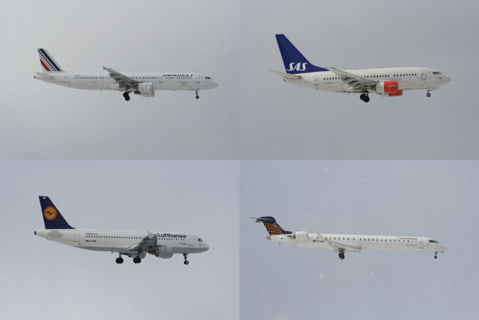 Övre raden: Air France Airbus A321-212 F-GTAZ och SAS Boeing B737-683 LN-RPY. Nedre raden: Lufthansa Airbus A320-211 D-AIQB och Eurowings CRJ900LR D-ACNT. Foto: Hans Groby.