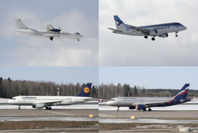 Övre raden: Braathens Regional ATR72-212A SE-MDH som flyger för Blue1 sedan 30 augusti 2010. SE-MDH ägs av Erik Thun AB. Till höger Estonian Air ERJ170SU ES-AED. Nedre raden: Lufthansa Airbus A320-211 D-AIPC och Aeroflot Airbus A320-214 VP-BZQ. Foto: Hans Groby.