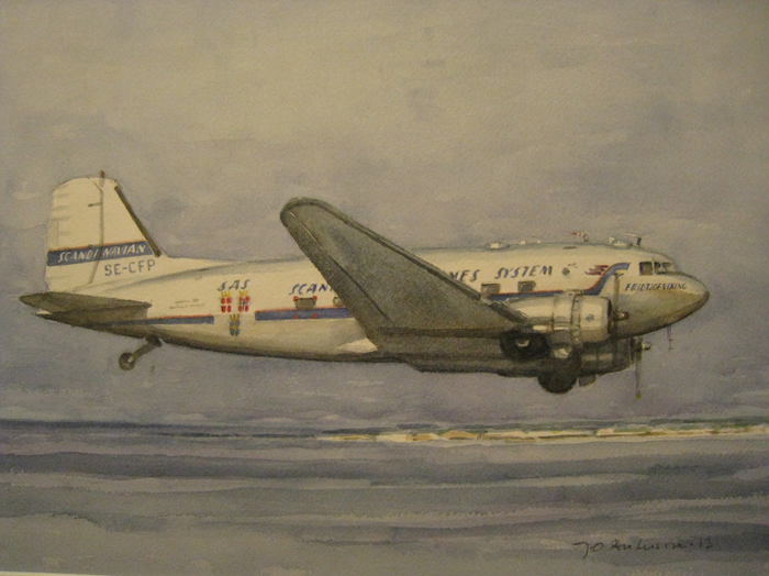 Vacker akvarell föreställande Flygande Veteraners DC-3 Daisy av Jan-Olov Andersson.