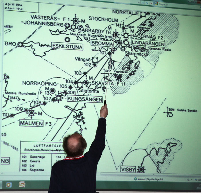 Karta över flygfyrarnas placering i mitten av 40-talet. Foto: Gunnar Åkerberg