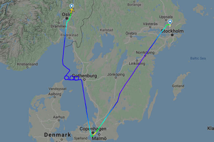 Rutten för avskedsflygningen SK600 till Oslo för LN-RPG. Notera flygvägen väster om Göteborg där den bildade texten 600, vilket de som följde flygningen på Flightradar24 kunde notera. Källa: Flightradar24.com
